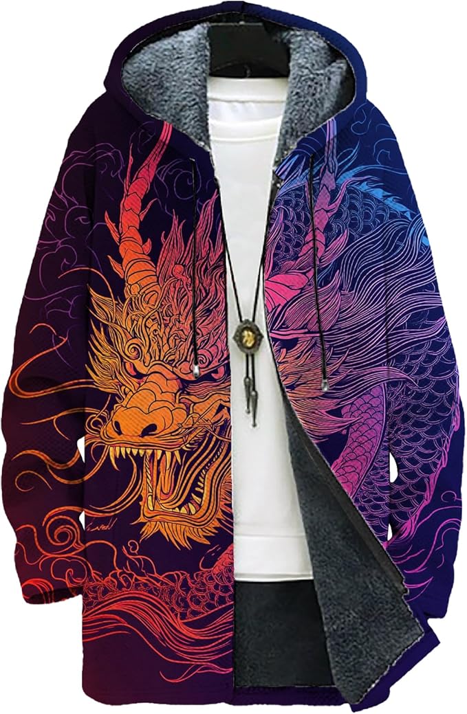 MARSVOVO Mens Cardigan Sweater Cool Graphic Lined Fleece Long Coat Zip With Pockets Fashion Coat Warm Fitted Jacket