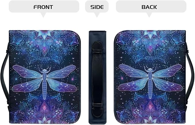 Lotusorchid Dragonfly Print Bible Covers for Women PU Leather Bible Case, Portable Bible Tote Bag Bible Book Carrying Case Christian Bible Accessories with Handle Pocket, Blue, M