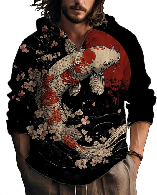 MARSVOVO Hooded Long Sleeve Shirt Men Fashion Graphic Button Up Lightweight Big and Tall Casual Vacation Shirts for Men