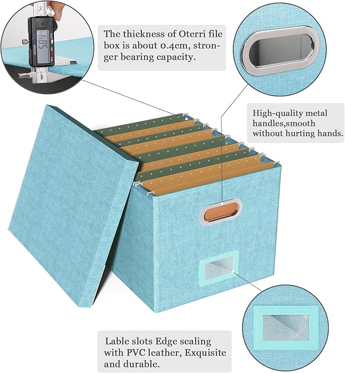 Oterri File Organizer Box with Lid, Portable Hanging File Box for Letter/Legal File Folder Storage, Office/Decor/Home, 1 Pack, Light-blue