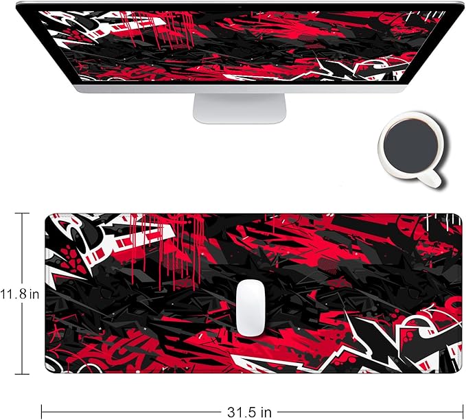 Mouse Pad Gaming, Large XXL Mouse Pads, Non-Slip Rubber Base Mousepad, Keyboard Mouse Mat Desk Pad with Stitched Edges, 31.5x11.8 inch Black Red
