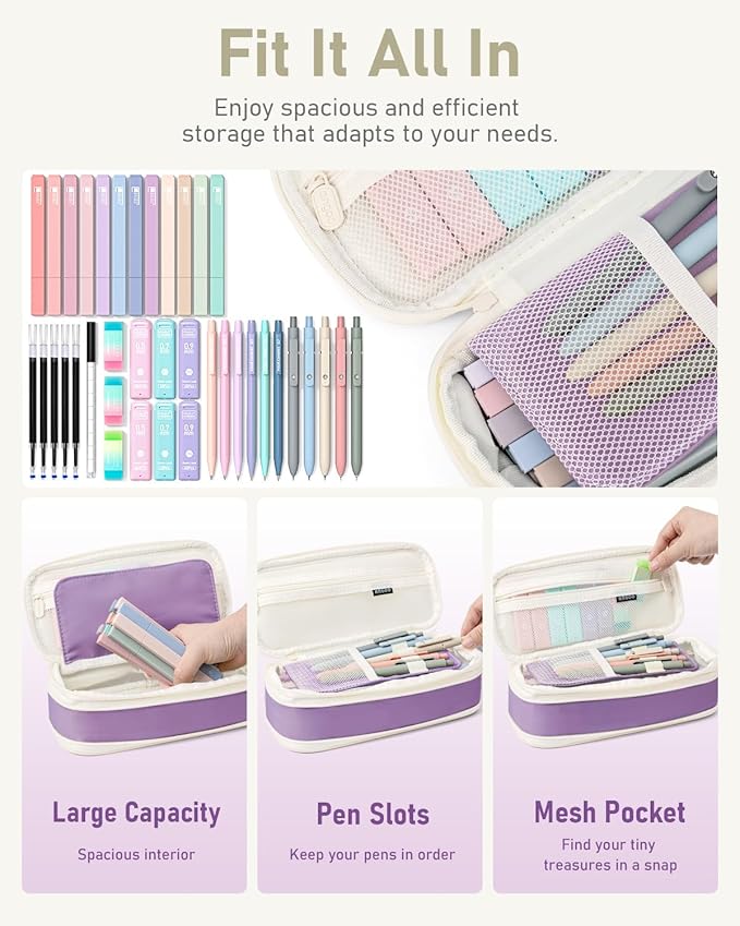 Four Candies 39 PCS Aesthetic School Supplies with Cute Pen Case, 12 Pastel Highlighters, 5 Black Ink Gel Pens, 6 Mechanical Pencils Set for Students Stationary College Essentials (Purple)