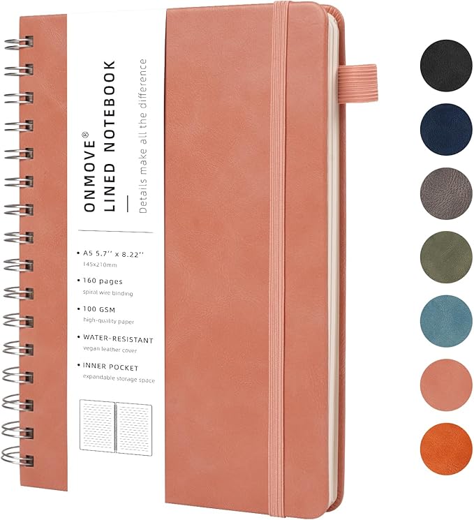 Lined Spiral Notebook Journal for Women Men 160 Pages A5 College Ruled Hardcover Leather with Pen Holder Notebook Journals for Note Taking Work Pink