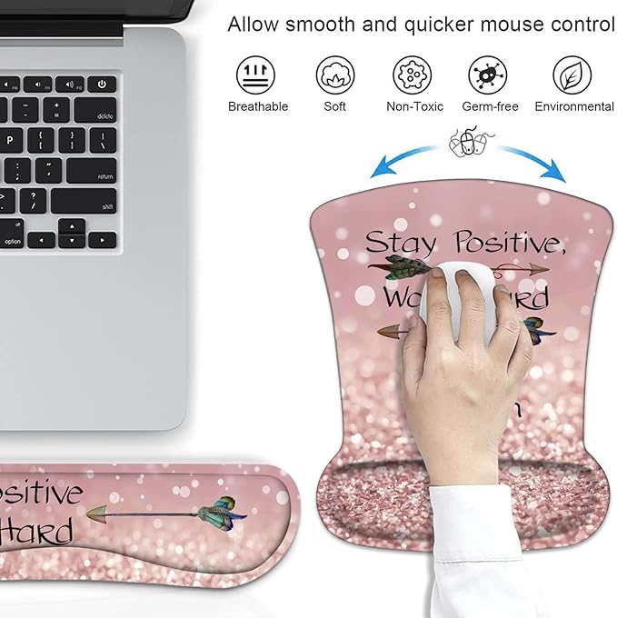 Mouse Pad Wrist Support and Keyboard Wrist Rest Set with Coasters, Inspirational Quote Stay Positive Work Hard and Make It Happen Wrist Mouse Pad with Non-Slip PU Base for Home Office Working Studying