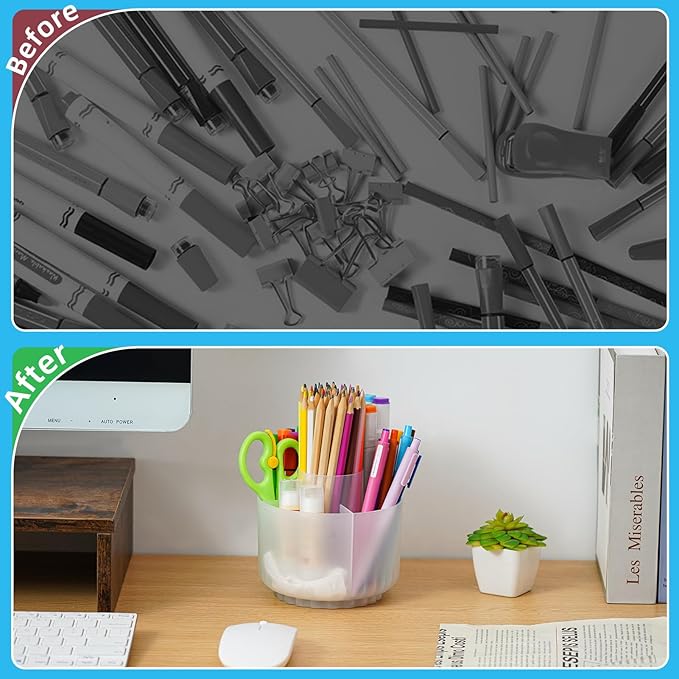 Marbrasse Desk Organizer, 360-Degree Rotating Pen Pencil Holder for Desk, Desk Organizers and Accessories with 5 Compartments Pencil Organizer, Art Supply Storage Box Caddy (Translucent)