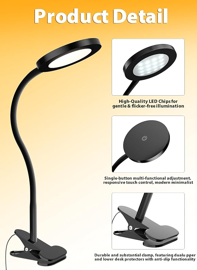 Clip on Light Infinite Dimmable Reading Lights for Books in Bed Headboard, 450LM Touch Control Clip Reading Lamp, Eye Care 3 Color Temperature Flexible Head Rotation for Bedside Night Light Black