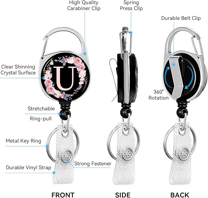A-Z Badge Holder with Retractable Reel and Breakaway Lanyard Badge Clips Retractable Heavy Duty Badge Reel，Keychain，ID Holder with Breakaway Lanyard for School Nurse Office Teen U