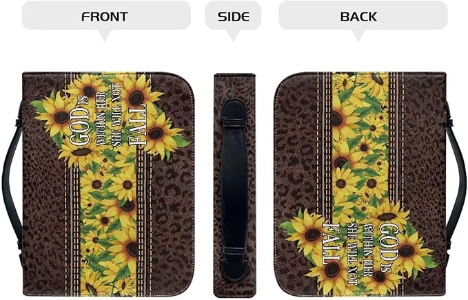 Lotusorchid PU Leather Bible Bag for Women with Inspiring Bible Verses, Sunflower Leopard Print Bible Cover Women Girls, Sturdy Bible Book Carrying Bags Christian Bible Study Accessories, L