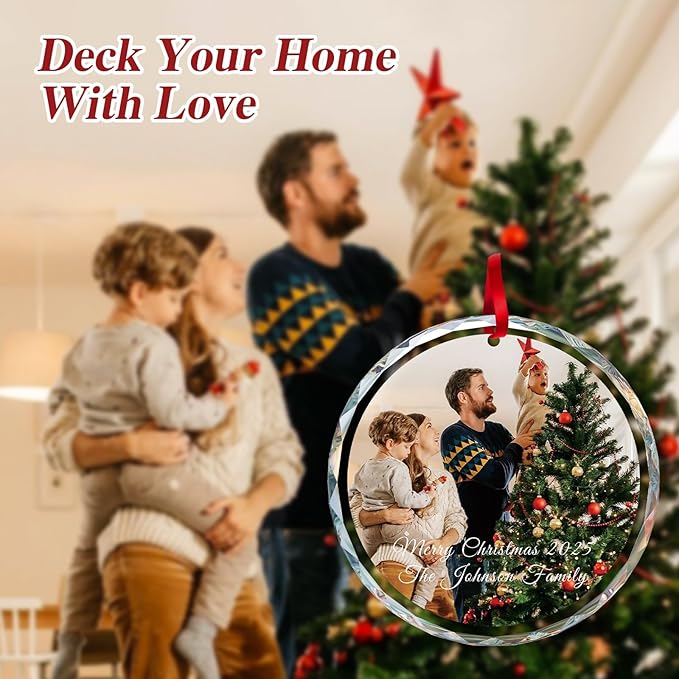 Personalized Christmas Ornaments 2025 for Familie, Custom Christmas Ornaments, Crystal Photo Ornament for Xmas, Wedding, Anniversary, Personalized Gifts for Family, Kids, Couple, Pet (3.15”)