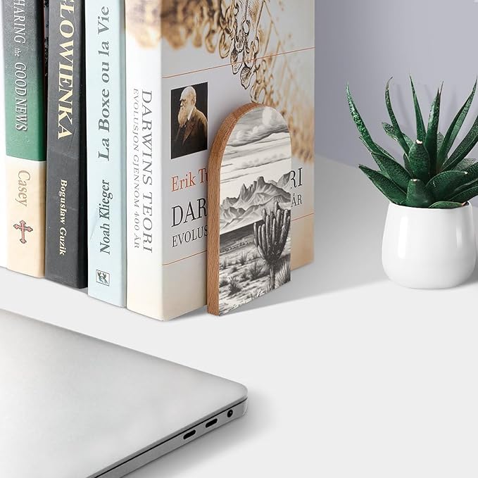 Mountain Desert Texas Book Ends Decorative Wood Bookends for Shelves Kids Room Desk Home Office Book Stoppers for Magazines,Books, DVDs, 1 Pair/2 Pieces(5x3.1 in)