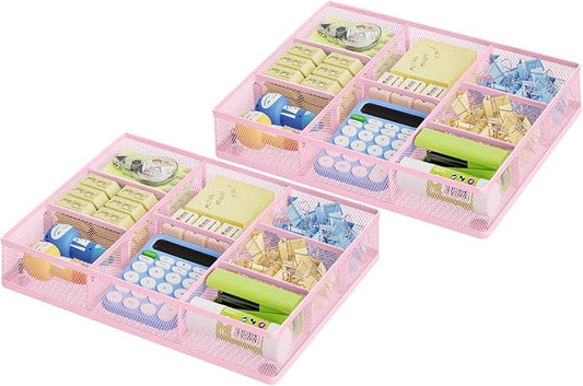 Marbrasse 2P Pink Desk Drawer Organizer, Metal Mesh Drawer Organizer Tray with 5 Adjustable Compartments,Desk Organizers and Accessories for Home,Office,Kitchen,Makeup,Vanity (Pink)