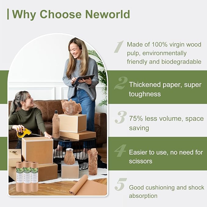 Neworld Honeycomb Packing Paper,12" x 800' Eco Friendly Bubble Cushioning Wrap for Moving,Products & Gifts Wrapping Paper,Recyclable Cushioning Packing Material With 20 Fragile Sticker Labels