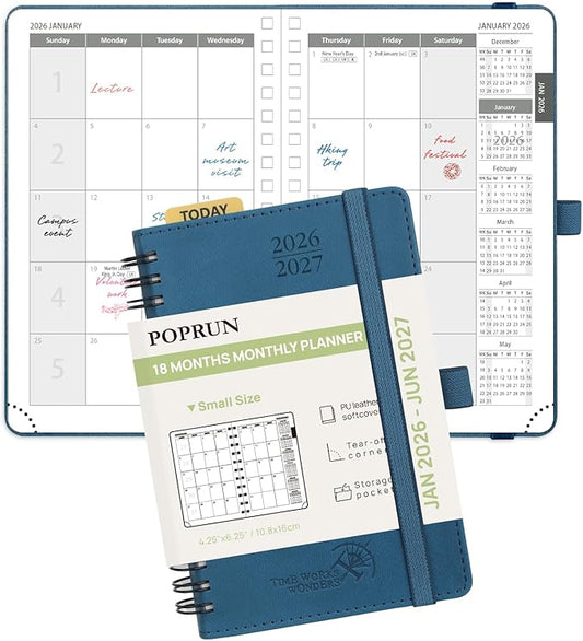 POPRUN Monthly Planner 2026-2027 (Pocket 4.25" x 6.25") 18 Months Calendar (Jan 2026 - Jun 2027) - 4 Pages per Month with Expense & Notes, Leather Cover, Sunday Starts - Night Sky Blue