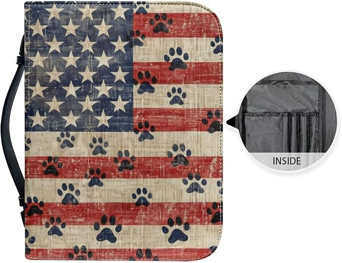 Lotusorchid American Flag Paw Bible Covers for Women Men PU Leather Bible Case Bible Bag Tote Book Carrying Case Christian Bible Accessories