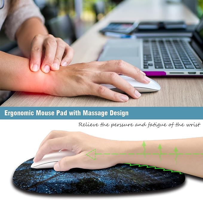 Mouse Pad Wrist Support, Ergonomic Mouse Pad with Wrist Rest, Memory Foam Massage Design & Non-Slip PU Base MousePads for Pain Relief, Desk, Office, Home, Blue Sky Tree