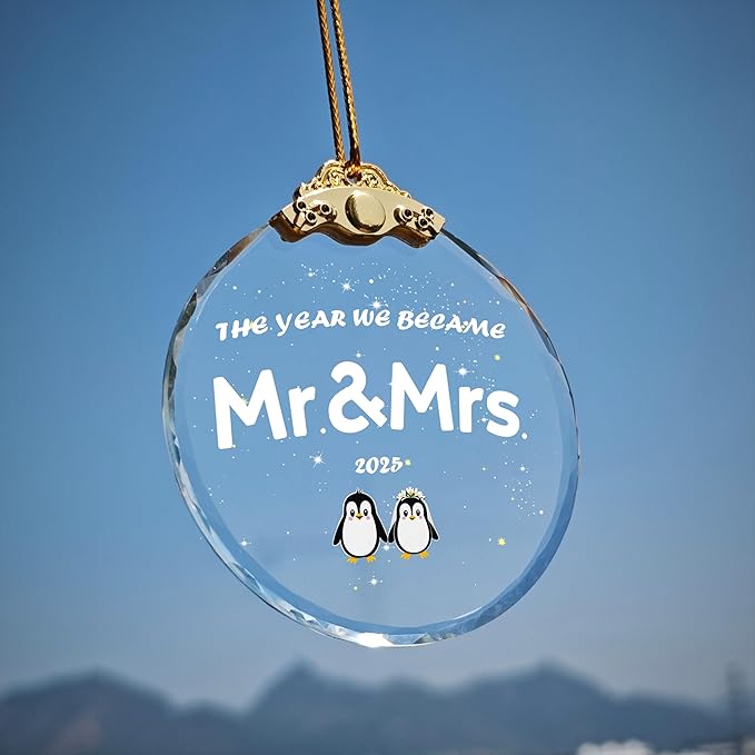 Mr&Mrs Gift 2025 Wedding Gifts for Couples 2025 Ornament- Future Mr and Mrs - Bridal Shower Bride Gift Ideas for Her Adorable Penguin for Newlywed Couple Crystal Glass Hanging Ornament