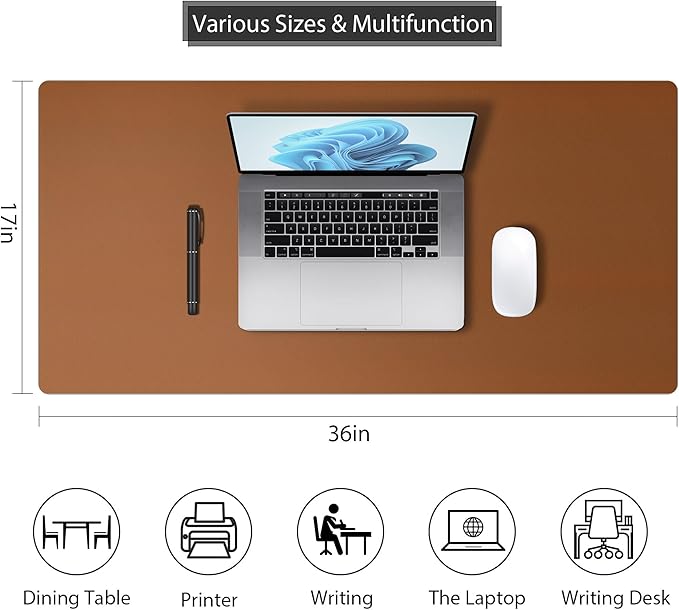 Mouse Pad Desk Protector Mat, Large PU Leather Office Desk Mat, Non-Slip Desk Pad for Keyboard and Mouse, Waterproof Desk Blotter Pad for Writing, Wide & Smooth Laptop Desk Pads, Brown (17’’X36’’)