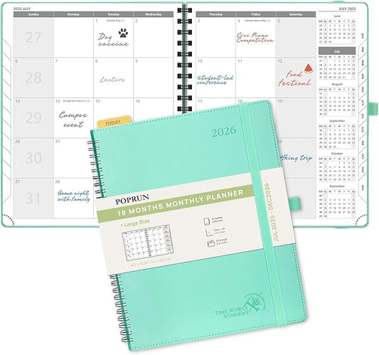 POPRUN Monthly Planner 2025-2026 Spiral Bound (8.5'' x 10.5'') 18 Months Calendar (Jul 2025 - Dec 2026) - 4 Pages per Month with Monthly Expense & Notes, Sunday Start, Leather Cover - Green