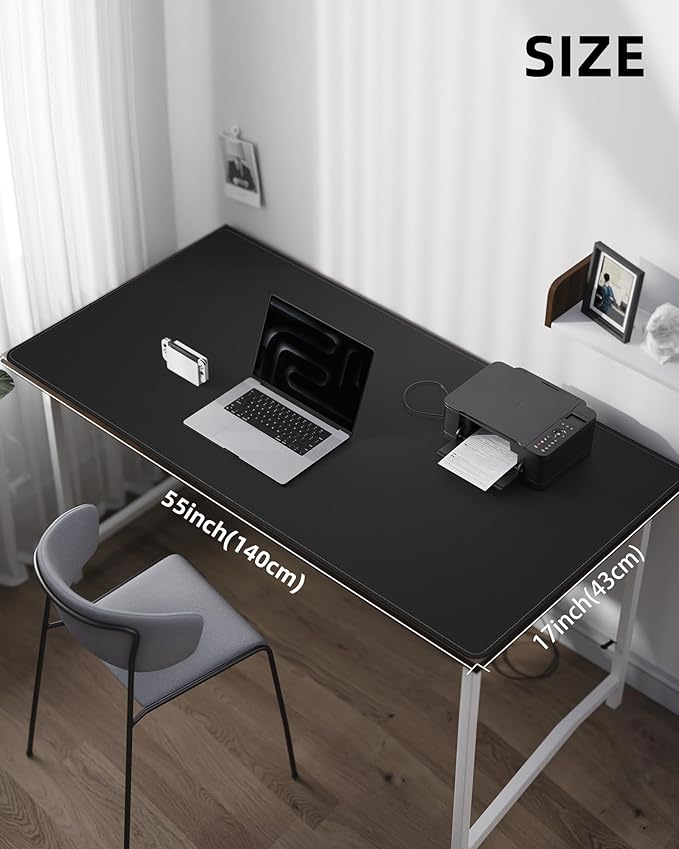 Leather Desk Protector, 55"x17" - Premium Mat, Large Mouse Pad, Non-Slip Blotter, Waterproof Writing Pad for Office and Home (Black)