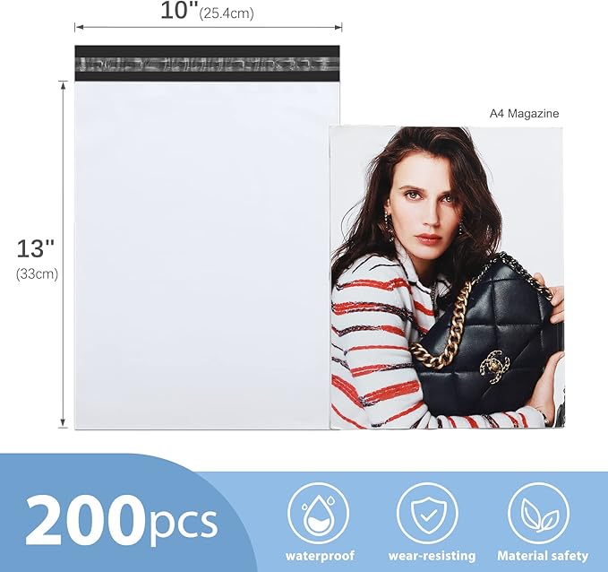 Metronic Poly Mailers 10x13 200 Pcs | Medium Size Shipping Bags for Clothing | Strong Adhensive Mailing Bags for Small Business, Shipping Envelopes, Tear-resistant Packing Bags White