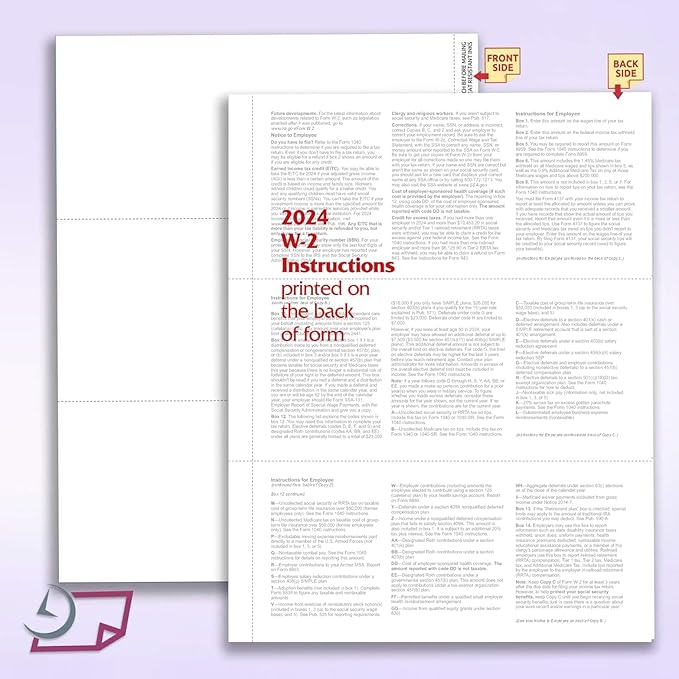 NextDayLabels - W-2 3-Up Employee Tax Forms, Instructions on Back" for 2025, for Laser/Inkjet Printer. Compatible with QuickBooks and Accounting Software ETC. (Pack of 100 Sheets)