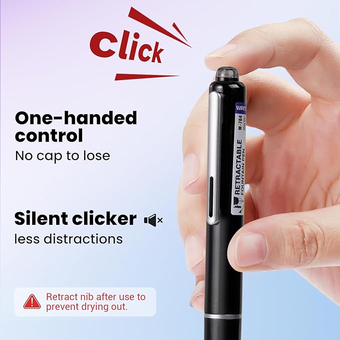 WRITECH Retractable Fountain Pen Set: Fine Nib Black Ink Pens Includes 5 Ink Cartridges Smooth Writing for Sketching Journaling Calligraphy Gift (Black)