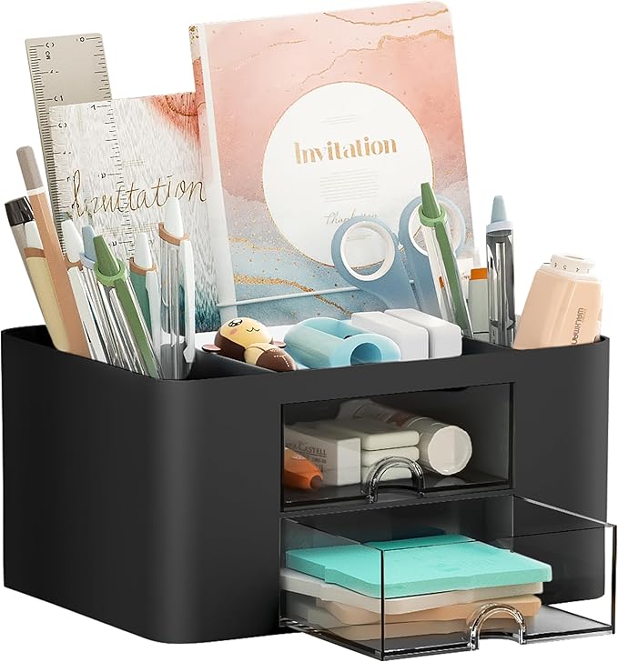 Marbrasse Pen Organizer with 2 Drawer, Multi-Functional Pencil Holder for Desk, Desk Organizers and Accessories with 5 Compartments + Drawer for Office Art Supplies (Black)