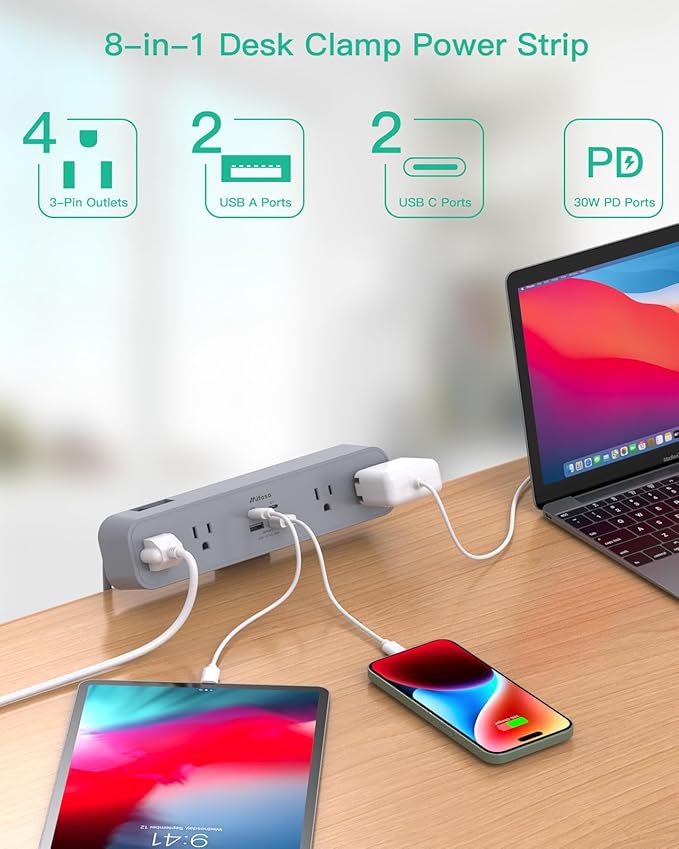 PD30W Desk Clamp Power Strip, Desktop Mount Surge Protector, Fast Charging Station, 5Ft Extension Cord Desk Edge Mount Shelf with 4 Outlets 4 USB Ports (2 USB C), Home Accessories Essentials, Grey