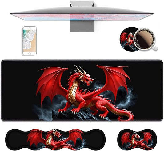 4 in 1 Ergonomic Keyboard Wrist Rest & Mouse Pad Wrist Rest Set, Large XXL Gaming Desk Mat 31.5"x 11.8" with Non-Slip Base, Memory Foam for Home Office Study Gaming, Red Dragon