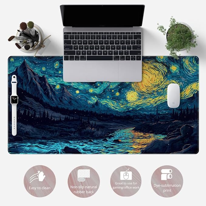 Misty Forest Desk Pad Mat Vincent Van Gogh XL Mouse Pad Gaming Playmat Large Mousepad XXL Desk Laptop Pad Equipped with Waterproof Storage Bag Non-Slip Stitched Edges (31.5x15.7 in)