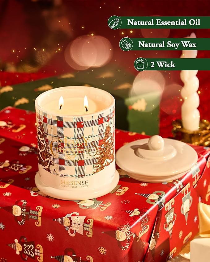 M&SENSE Christmas Candles Warm Sweater Scented, 12.7oz 75 Hours Slow Burn, Organic Soy Wax Double Wick, Non Toxic Aromatherapy Jar Candles for Stress Relief, Cozy Winter Holiday Candles for Home