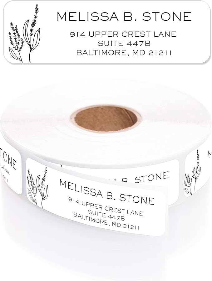 Simple Modern Flower Rolled Address Labels/Roll of 500 Floral Illustration Personalized Address Labels/Designer Return Address Stickers in Elegant Plastic Dispenser