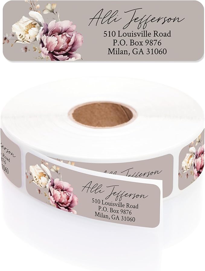 Taupe Watercolor Floral Rolled Address Labels / 250 Personalized Return Address Labels/Designer Address Stickers in Elegant Plastic Dispenser