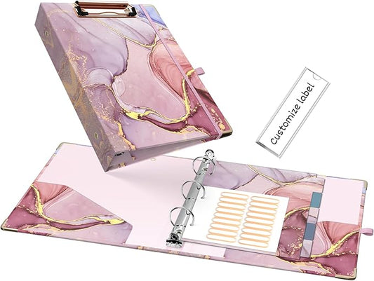 Ospelelf Mini 3 Ring Binder 1 Inch, Cute Pink Marble for 5.5" x 8.5" With 5 Tab Dividers, File Folder Labels and Low Profile Clipboards for School and Office Supplies