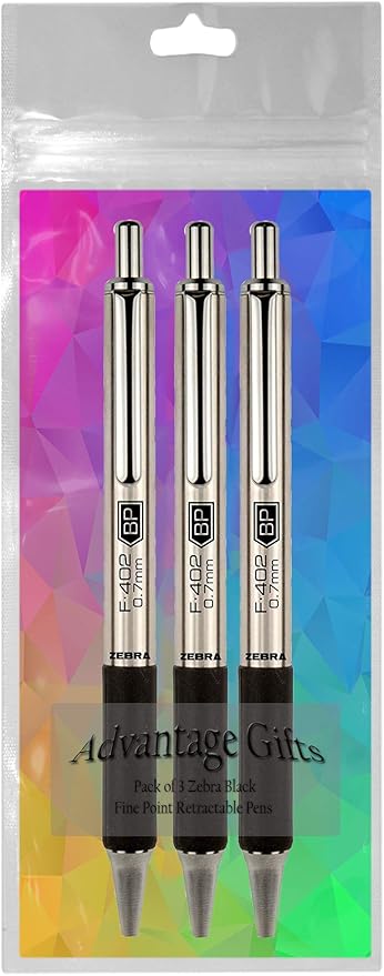 Zebra F-402 Ballpoint Stainless Steel Retractable Pen, Fine Point, 0.7mm, Black Ink, 3-Count Bundle with Plastic Reusable Pouch
