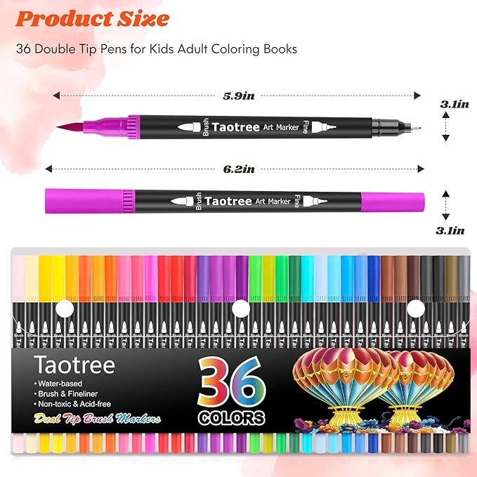 Taotree 36 Colors Dual Tip Art Markers Pens for Adult Coloring Books, Artist Fine & Brush Tip Coloring Marker Drawing Pens for Journaling Note Taking Lettering Calligraphy Craft Art Supplies Set