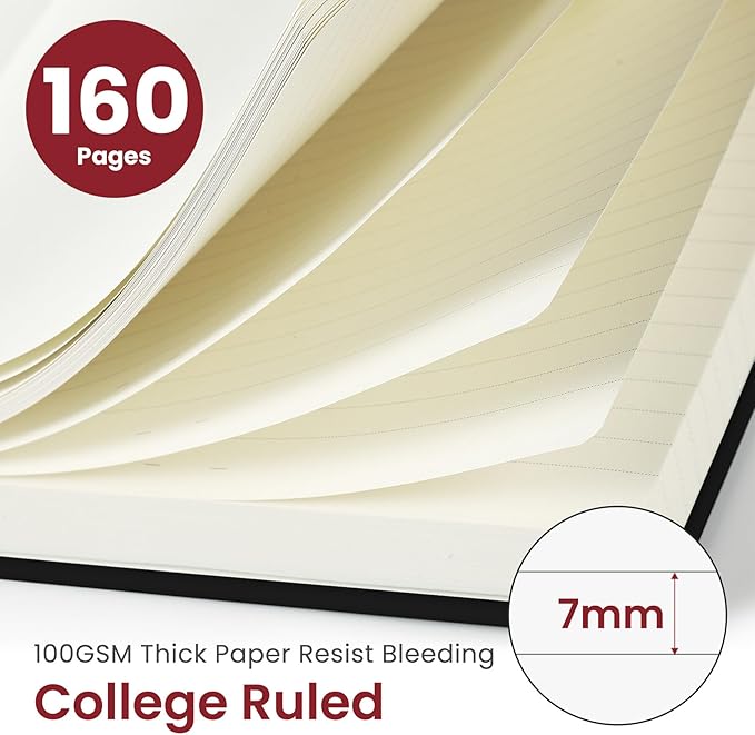 Lined Journal Notebook for Women & Men, Hardcover Leather Journal for writing, A5 College Ruled Notebook for Work & Note Taking, Perfect for Office School Home Supplies, 160 Pages, Black