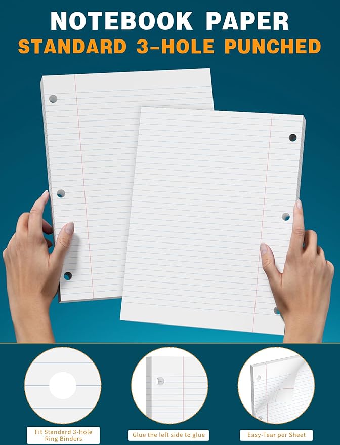 Loose Leaf Paper, 150 Sheets, 2 Pack Wide Ruled Filler Paper 8.5 x 11, 3 Hole Pouched, Standard, Loose Leaf Notebook Paper 8.5 x 11 Inch for Binder, Loose Leaf Filler Paper for Office, 75 Sheets/Pad