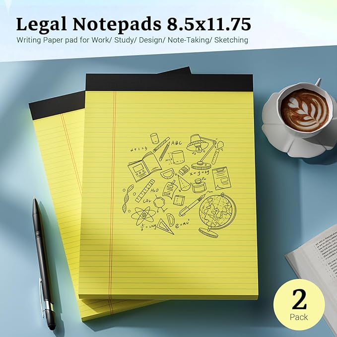 Legal Pads 8.5 x 11 Yellow Note Pads, 2 Pack College Ruled Notepads 8.5 x 11 Lined Paper, Yellow Notebook Paper Writing Pads 30 Sheets Per Legal Pads 8.5x11 for Home Office School Supplies