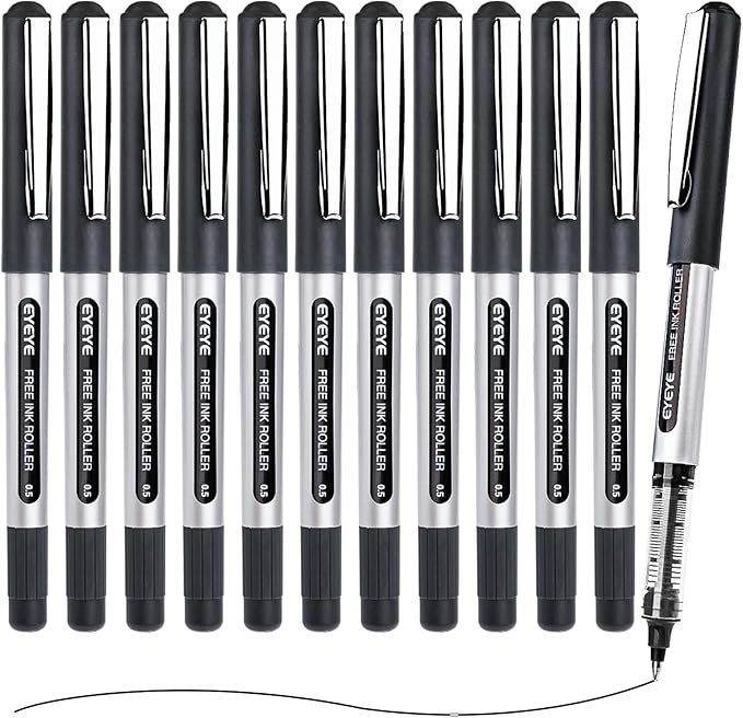 EYEYE 0.5mm Black Pens 12 Pack, Extra Fine Point Rollerball Pen Quick Dry, Liquid Ink Pens Fine Point Smooth Writing Pen for Journaling, Note Taking, Office, School Supplies