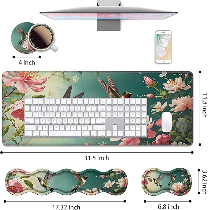 4 in 1 Ergonomic Keyboard Wrist Rest & Mouse Pad Wrist Rest Set, Large XXL Gaming Desk Mat 31.5"x 11.8" with Non-Slip Base, Memory Foam for Home Office Study Gaming, Hummingbird Flowers