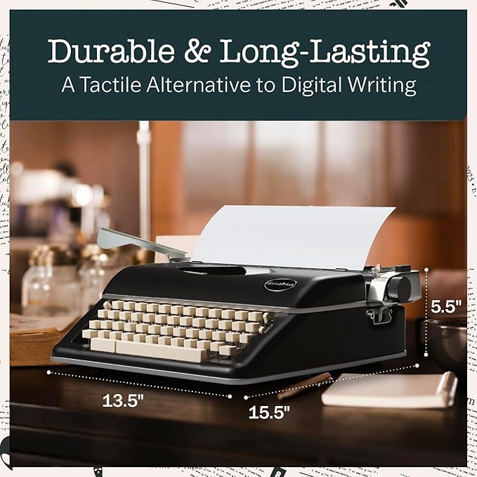 Maplefield Vintage Manual Typewriter - Quiet Mechanical Typing & Office Supplies - Decorative Desk Accessories & Vintage Decor - Author Gift & Writing Inspiration - Black
