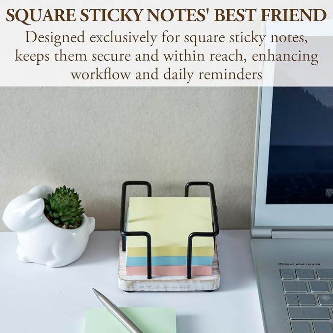 MyGift Shabby Whitewashed Solid Wood and Industrial Matte Black Metal Wire Sticky Note Cube Holder, Office Desktop Self Adhesive Memo Pad Storage Dispenser