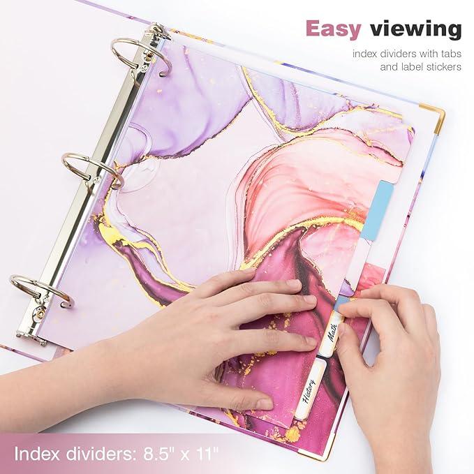 Ospelelf 3 Ring Binder, 2 Inch Letter Size (11" x 8.5") with 5 Tab Dividers, File Folder Labels and Low Profile Clipboards, Pink Marble Binder for School and Office Supplies