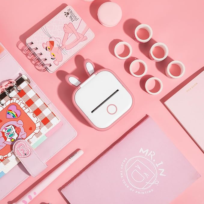 Memoking T02 Protective Case-Bunny Ears Shape Soft Silicone BPA-Free Cute Design Printer Cover, Compatible with T02 Mini Bluetooth Wireless Portable Mobile Pocket Printer, Pink