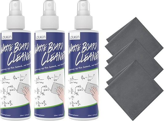 Loukin Non-Toxic Whiteboard Cleaner, 8.5 fl oz Dry Erase Board Cleaner, Low-Odor Whiteboard Cleaning Spray with Cloths, Removes Stubborn Marks (3-Pack)