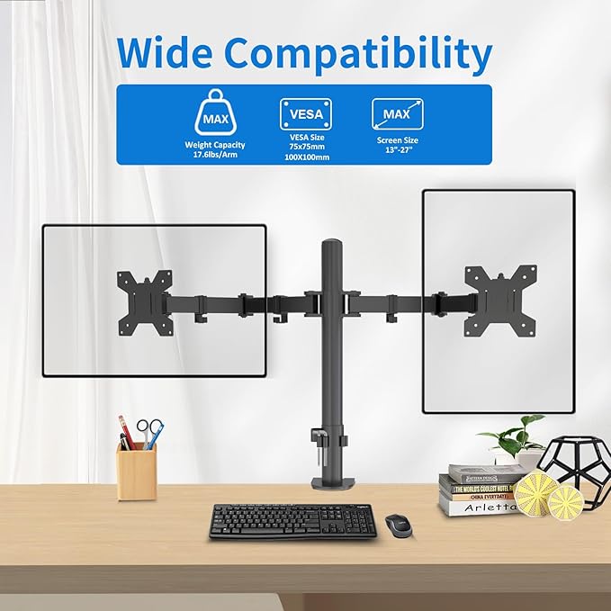 H&C(hcck&Cllassp) Dual Monitor Mount, Monitor Arm with Swivel, Tilt, Rotation, Height Adjustable, VESA Mount for 17-27” Monitors up to 17.6lbs, Desk Mount with C-Clamp, Black