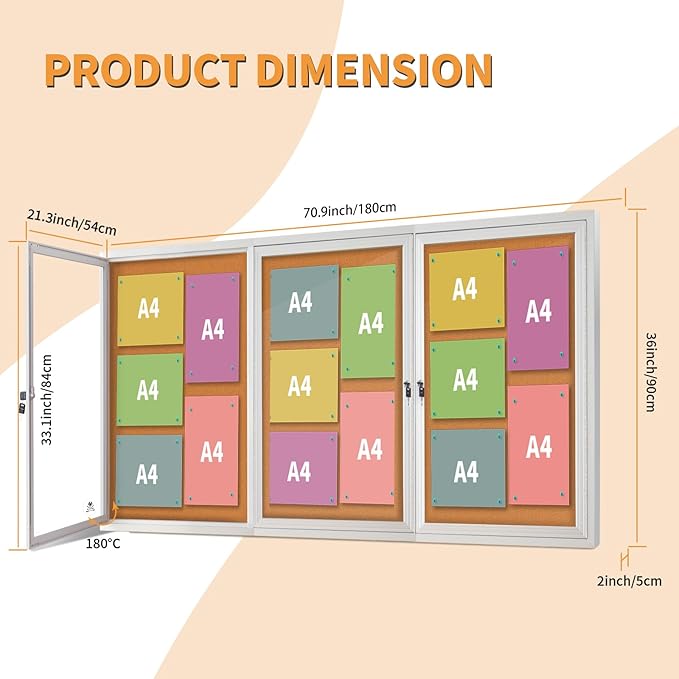 Lockable Outdoor Enclosed Bulletin Board, Weatherproof Cork Noticeboard with Locking Door, Wall-Mounted Aluminum Silver Framed Display Case for Messages,70x36 Inch