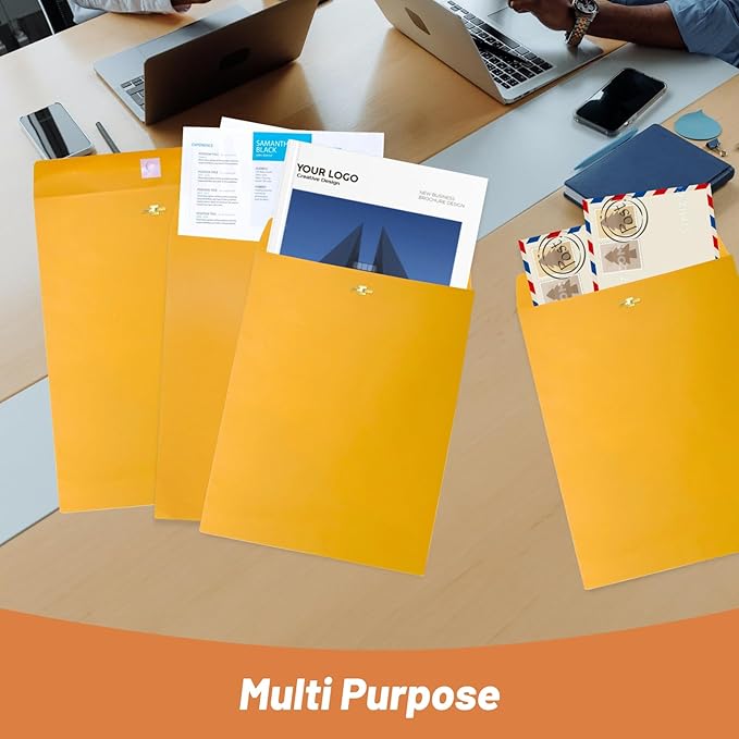Manila Clasp Envelopes 10x13 100 Pcs, Creebe Large Brown Yellow 10 x 13 Envelopes with Clasp and Gummed Seal for Mailing, 100 GSM Kraft Paper