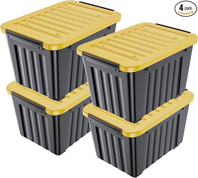 Nazhura 97 Quart Plastic Storage Bin, Stackable and Nestable Storage Boxes with Yellow Lids and Secure Latching Buckles, Large Storage Container (Black/Yellow, 97Quart-4Pack)